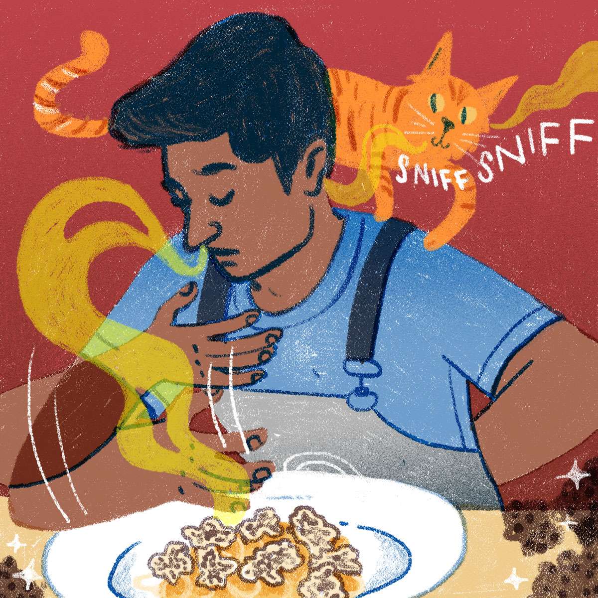 an illustration of Chef Manu with a plate of Truffle Pasta